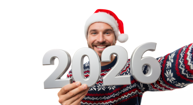 Man in santa hat holding 2026 silver numbers for new year celebration concept on transparent background