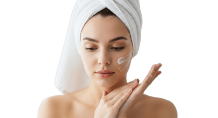 Fresh Skincare Moment Applying Nourishing Hand Cream on Transparent Background