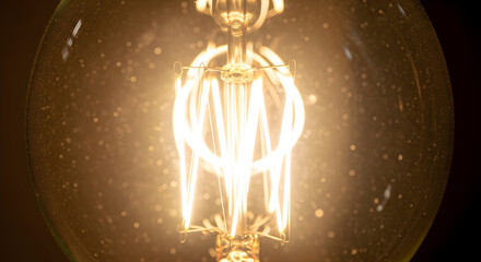 Close up extreme detail of a vintage edison filament light bulb glowing with warm light and intricate internal structure