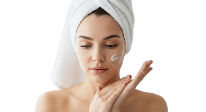 Fresh Skincare Moment Applying Nourishing Hand Cream on Transparent Background