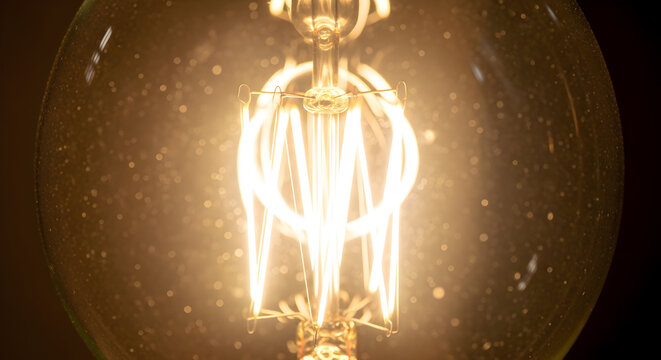 Close up extreme detail of a vintage edison filament light bulb glowing with warm light and intricate internal structure - Powered by Adobe