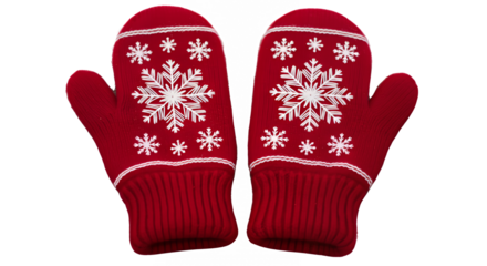 Pair of red winter mittens with white snowflakes on a black studio background on transparent background