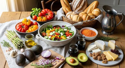 Abundant fresh harvest feast with artisan breads vegetables cheese and olive oil on rustic table
