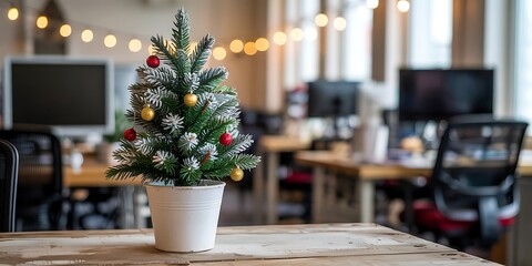 Small decorated christmas tree with ornaments and lights in a modern office setting on a wooden table