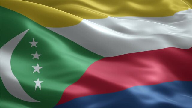 Comoros flag waving in the wind, showcasing its vibrant colors and national symbolism.