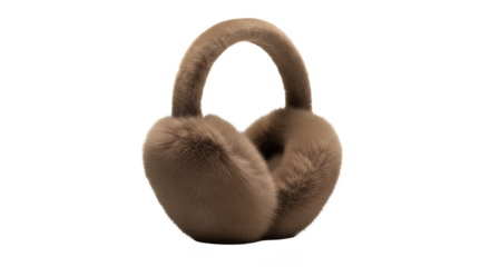 Brown faux fur earmuffs provide warmth and style during cold winter weather days on transparent background