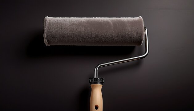 a simple yet sturdy paint roller with a dark brown handle and a dark grey roller presented against a striking black background