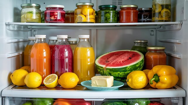 Abundant refrigerator shelves stocked with colorful fresh fruits vegetables juices and preserved foods in jars showcasing healthy eating and home organization - Powered by Adobe