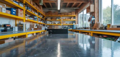 Modern industrial workshop interior with bright yellow shelves filled with tools and supplies polished concrete floor reflecting light and large windows