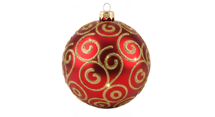 Festive red christmas ornament with gold glitter swirls on transparent background