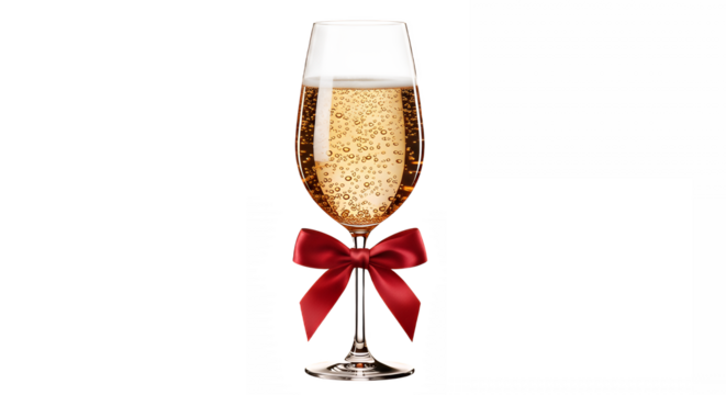Elegant champagne flute with a red bow for celebrations on transparent background