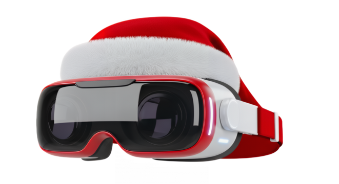 Festive vr headset with santa hat for christmas holiday season celebration on transparent background