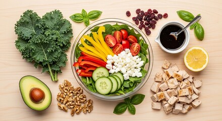 Fresh ingredients for a healthy kale salad with chicken avocado and feta cheese arranged on a light wooden background