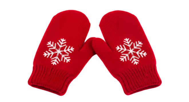 Pair of red knitted mittens with white snowflake design on transparent background