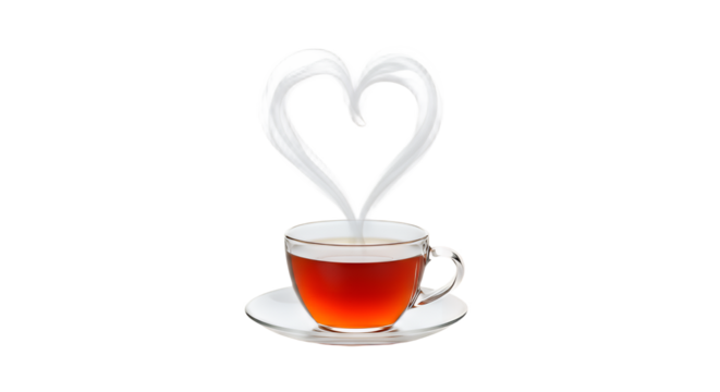 Milk pouring into a cup of tea forming a heart shape on transparent background
