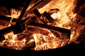 burning wood in a bonfire in close up at night