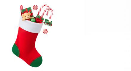 Festive christmas stocking overflowing with gifts and candy canes on transparent background