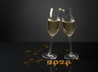 new year 2026 celebration with champagne glasses and golden confetti