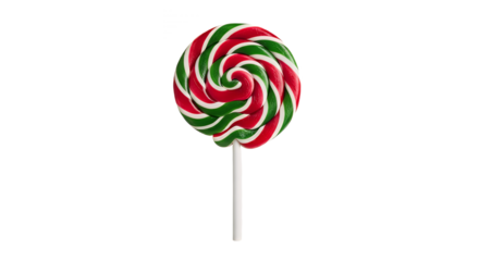 Festive red green and white spiral lollipop on a stick against on transparent background