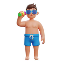 Cartoon boy in blue swim trunks holding a colorful water gun isolated on transparent background