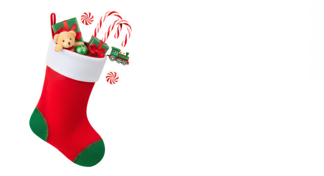 Festive christmas stocking overflowing with gifts and candy canes on transparent background