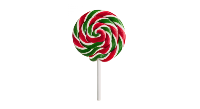 Festive red green and white spiral lollipop on a stick against on transparent background