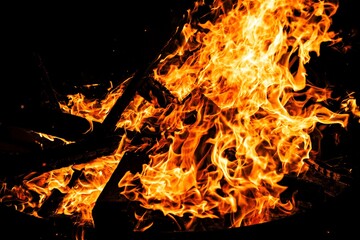 burning wood in a bonfire in close up at night