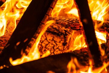 burning wood in a bonfire in close up at night