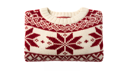 Folded christmas sweater with red and white snowflake pattern holiday apparel on transparent background