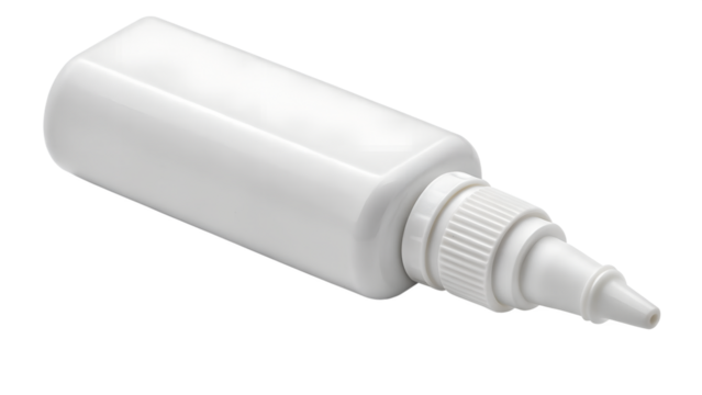 Mini correction fluid bottle, white plastic, small pointed lid, isolated on transparent background