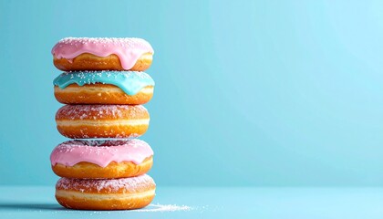 Vertical stack of five assorted donuts with icing and sprinkles
