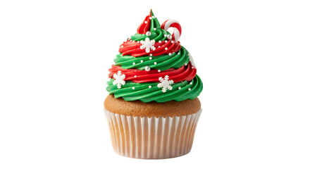 Festive christmas cupcake with red and green frosting and candy cane detail on transparent background