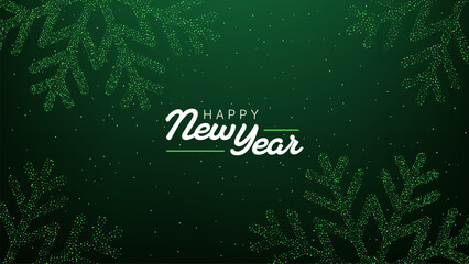 Happy New Year card with green sparkle snowflake pattern. Festive winter holiday greeting for celebration, party invitation, or seasonal design.