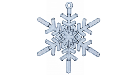 Detailed macro shot of a clear crystal snowflake ornament against on transparent background
