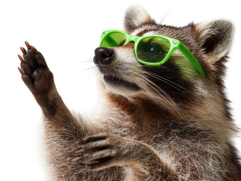 Raccoon with green sunglasses isolated.