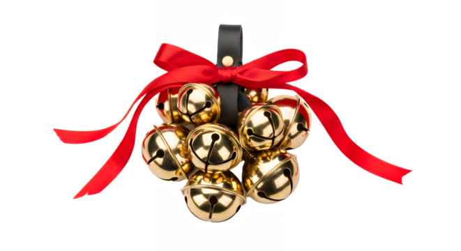Golden jingle bells with a red ribbon on a black strap for holiday cheer on transparent background