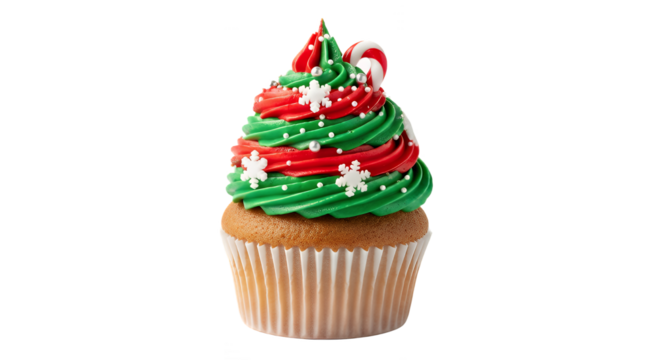 Festive christmas cupcake with red and green frosting and candy cane detail on transparent background