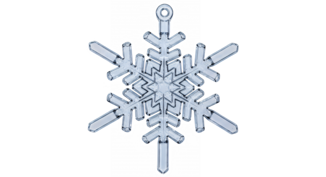 Detailed macro shot of a clear crystal snowflake ornament against on transparent background