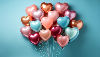 a cluster of heart shaped balloons various colors on a solid pastel background glossy blue