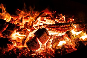 burning wood in a bonfire in close up at night