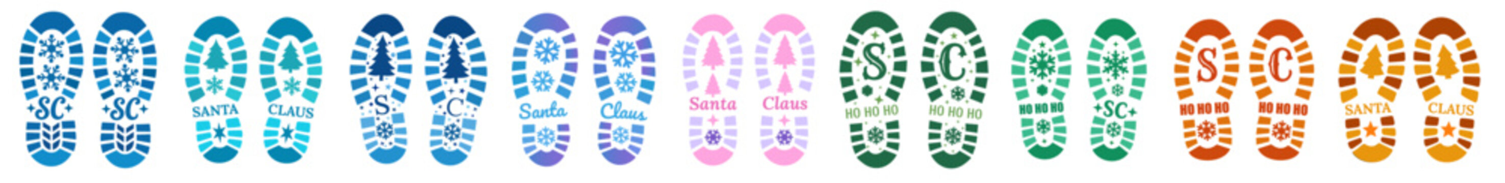 Santa Claus boot prints bundle. Christmas footprints in multiple colors, snowy tracks, elf shoe prints,  collection