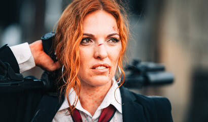 Redhead woman in a suit with a rifle