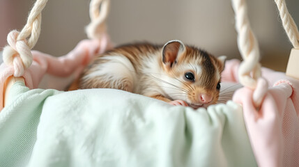 A small amusing rodent rests in a pastel-colored cradle, a soft hanging bed.