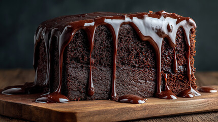 A slice of rich chocolate cake with glossy ganache dripping down the sides