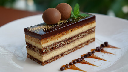 Opera cake with thin layers of coffee cream and dark chocolate