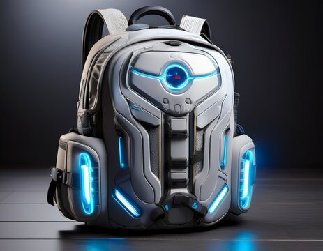 a futuristic light gray backpack like device features glowing blue accents and intricate details suggesting advanced propulsion technology