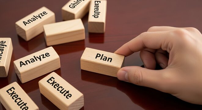 Hand placing a wooden block labeled plan into a sequence of business strategy steps analyze and execute