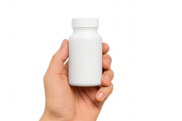 Hand holding a blank white medicine pill bottle mockup. Isolated on transparent background, png