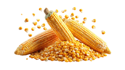 Three ripe yellow corn cobs artfully arranged with a pile of loose kernels isolated on transparent background