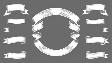 Ribbon banners with a vintage modern look incorporate hand drawn sketch elements commonly found in posters, logos, and invitation cards, showcasing retro heraldic ribbons